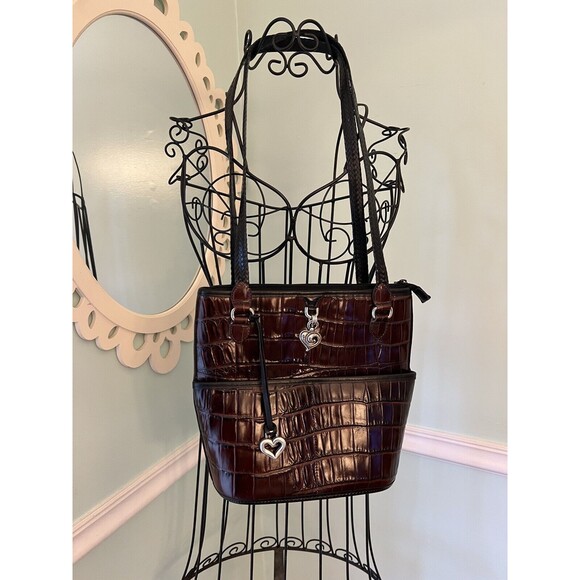 BRIGHTON Black Brown Croc Leather Bucket Tote Shoulder Handbag Double Handles - Picture 1 of 7